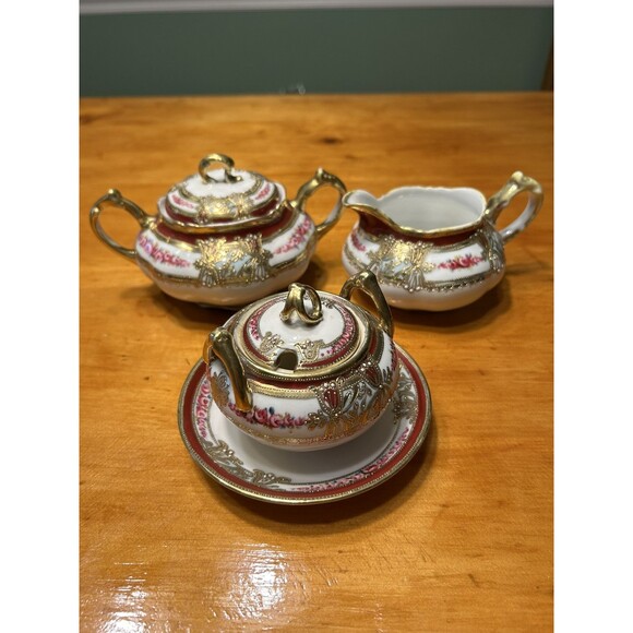 Nippon Hand Painted Floral Gold Gilded Beaded Cream Sugar Condiment Set Vintage - Picture 1 of 16